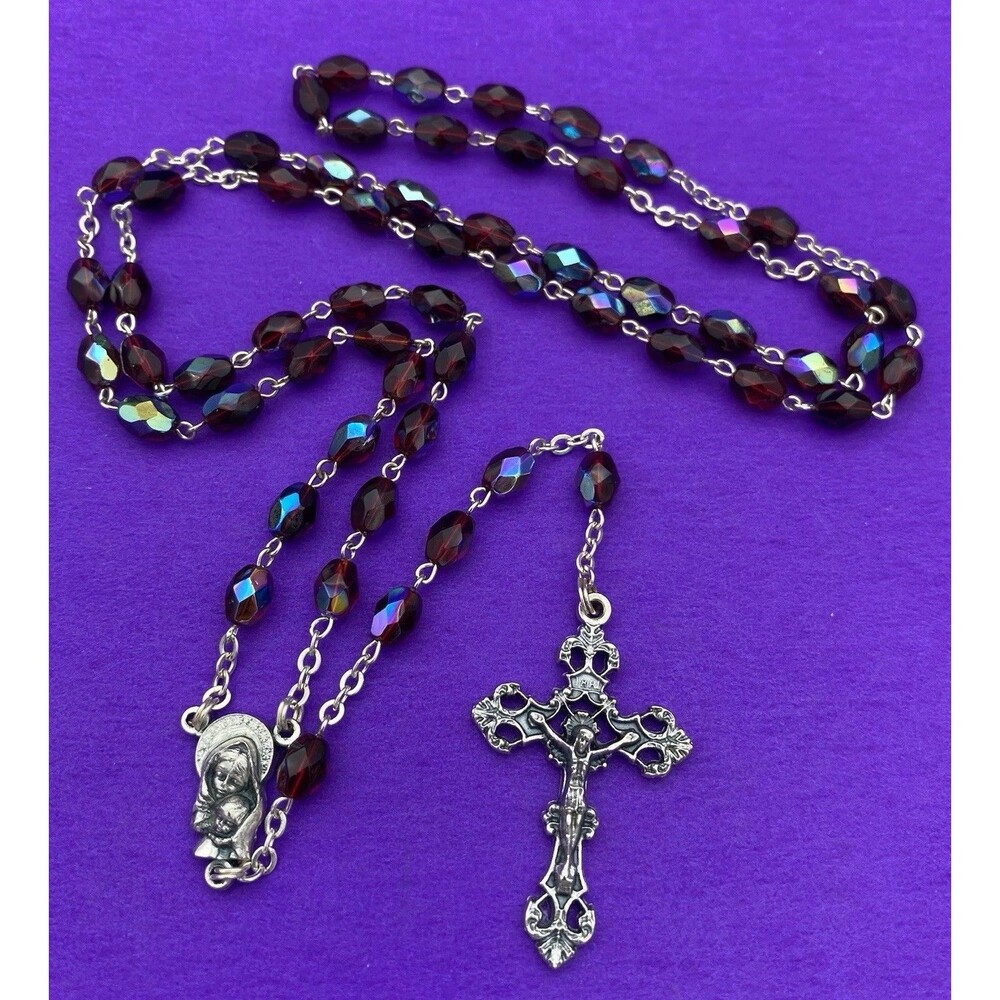 Vtg Claudio Cipolletti Red Aurora Borealis Crystal Faceted Glass Rosary, ITALY